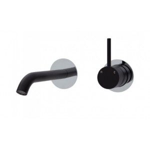 Kaya Up Wall Basin/Bath Mixer Set, Matte Black, Chrome Round Plates, 160mm Outlet